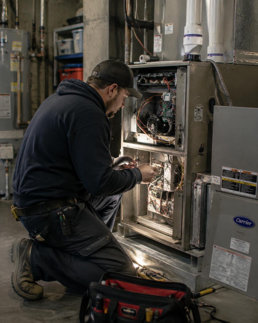 Technician servicing an open gas furnace in a residential basement